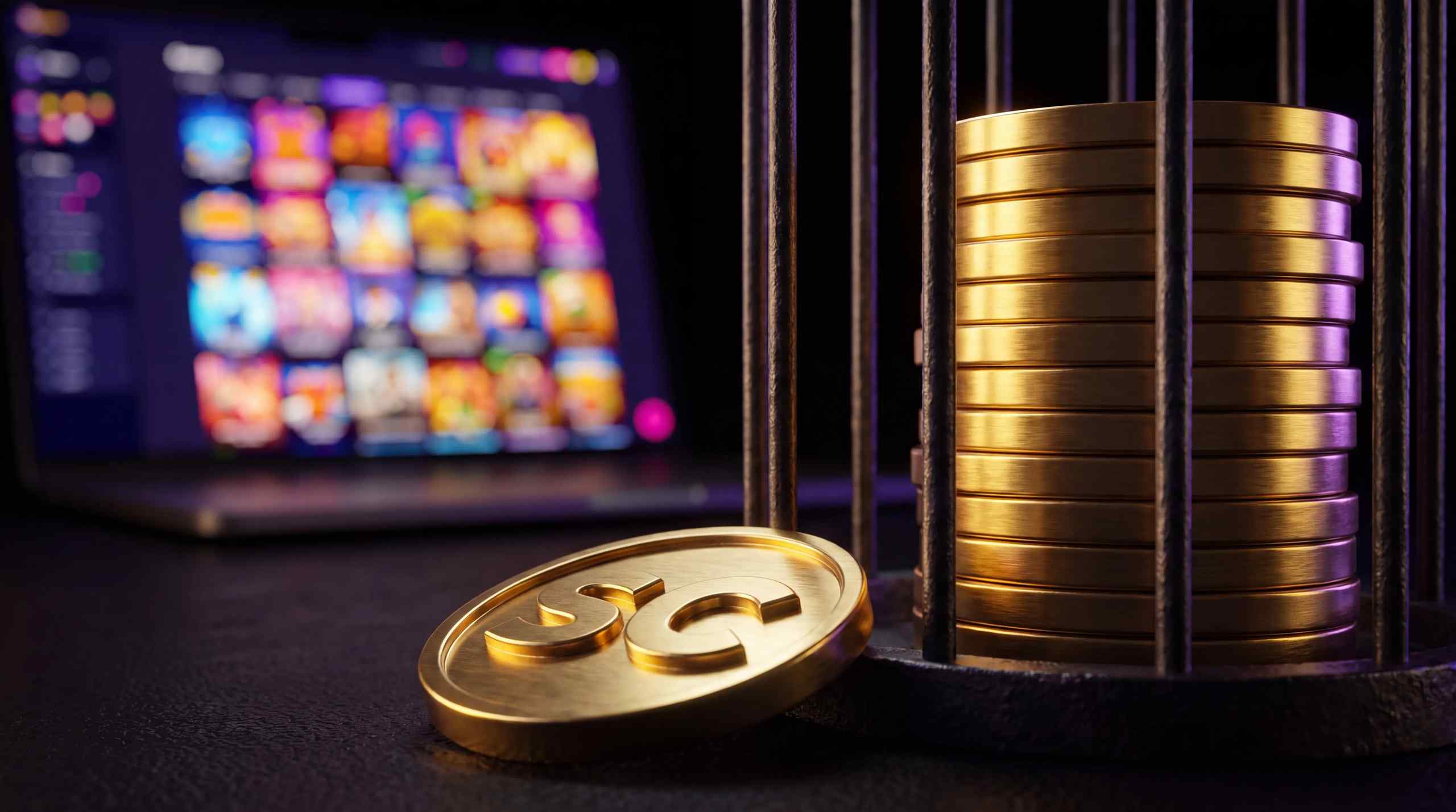 A figurative stack of SC coins with a sweepstakes casino running in the background.